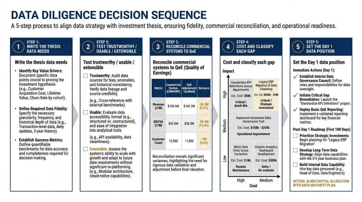 Data Diligence Decision Sequence | a 5-step process with labels: 1 Write the thesis data needs, 2 Test trustworthy / usa