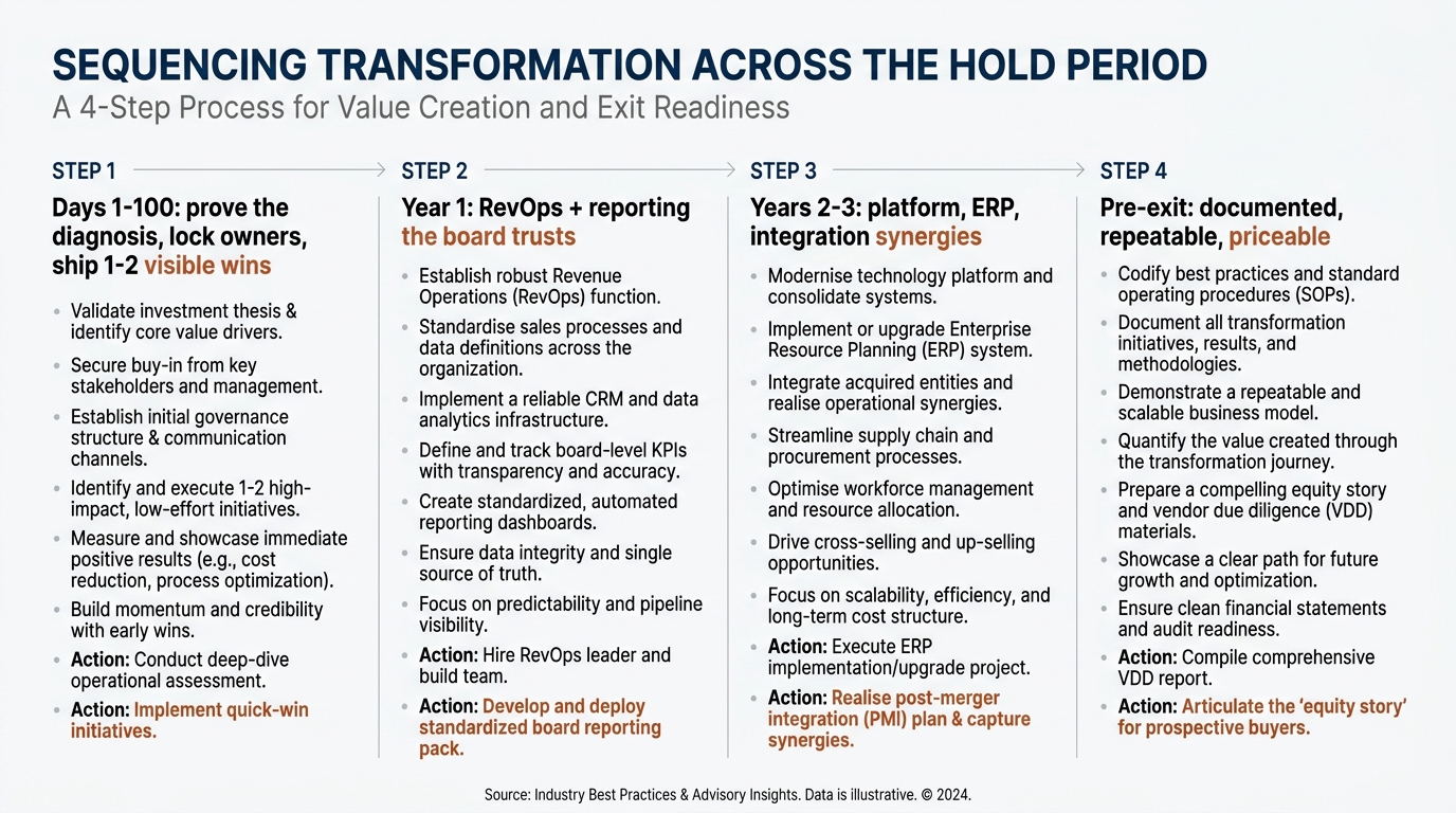 How to Sequence Transformation Across the Hold Period | a 4-step process with labels "Days 1-100: prove the diagnosis, l