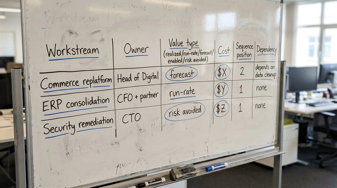 How to Judge the Deliverable | TABLE columns: Workstream | Owner | Value type (realized/run-rate/forecast/enabled/risk a