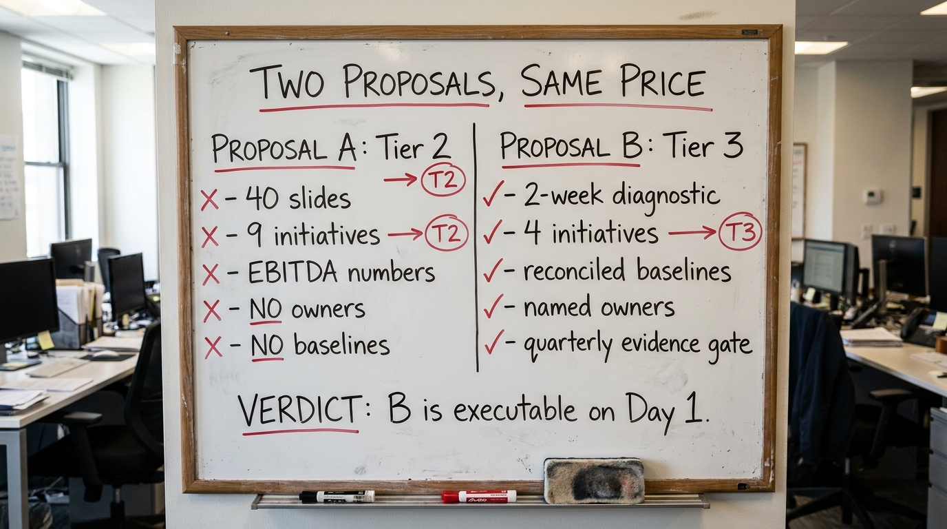 Two Proposals, Same Price | Proposal A: 40 slides, 9 initiatives, EBITDA numbers, NO owners, NO baselines = Tier 2 · Pro