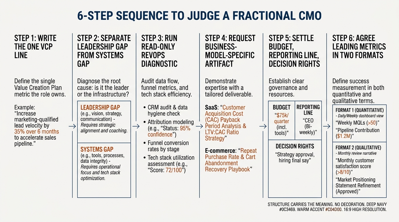 6-step sequence to judge a fractional CMO | step 1 Write the one VCP line the role owns; step 2 Separate leadership gap