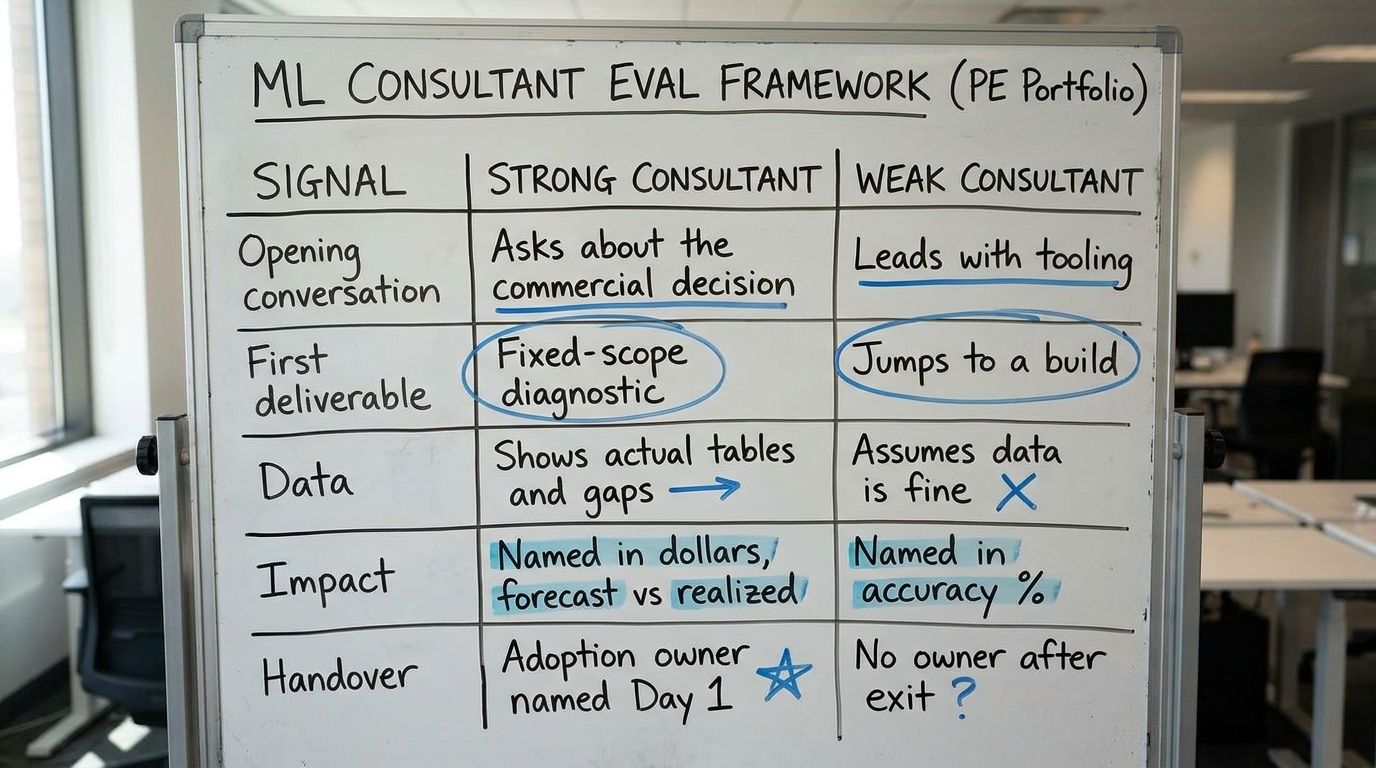Judging a machine learning consultant for a PE portfolio | comparison TABLE, columns: Signal | Strong consultant | Weak 